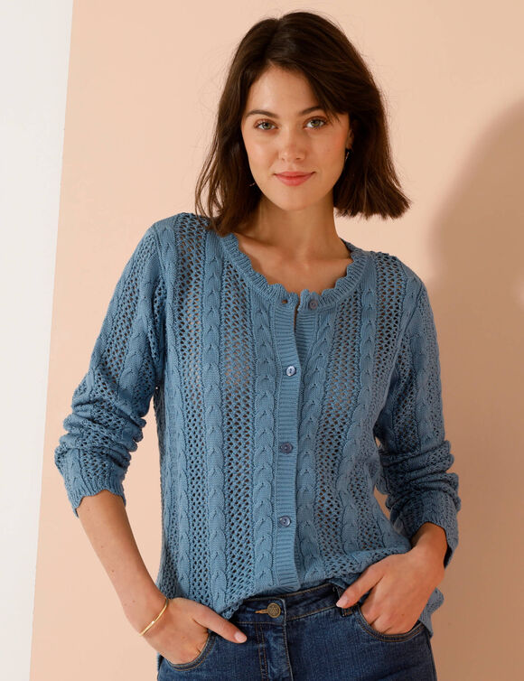 Vest met knopen, ronde hals en geschulpte afwerking, ajourtricot (jeansblauw)