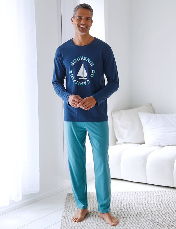 T-shirt pyjama manches longues motif bateau (marine / aqua)