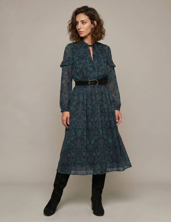 Lange jurk met V-hals, voile met bloemenprint (paars)