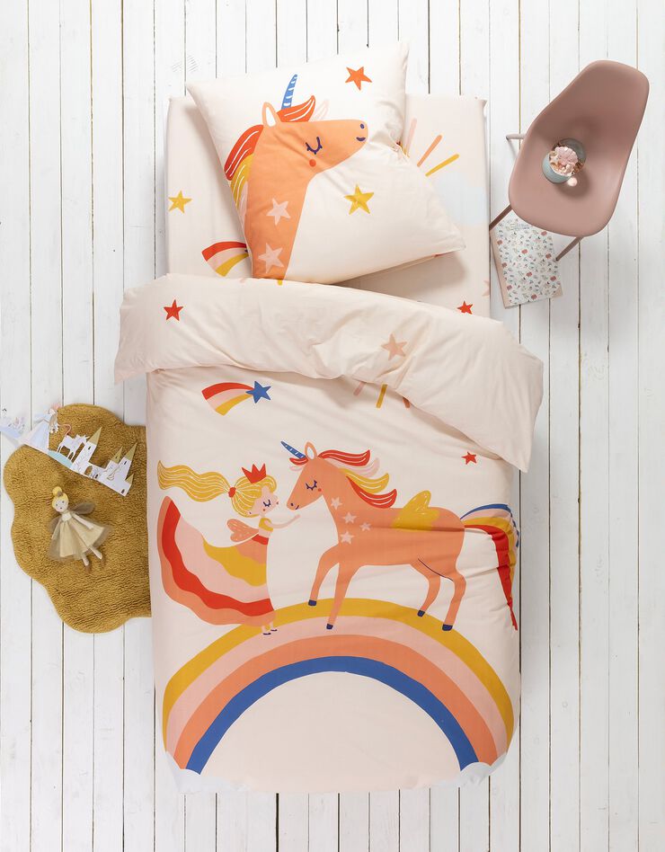 Linge de lit enfant coton - imprimé Princesse et Licorne (rose)