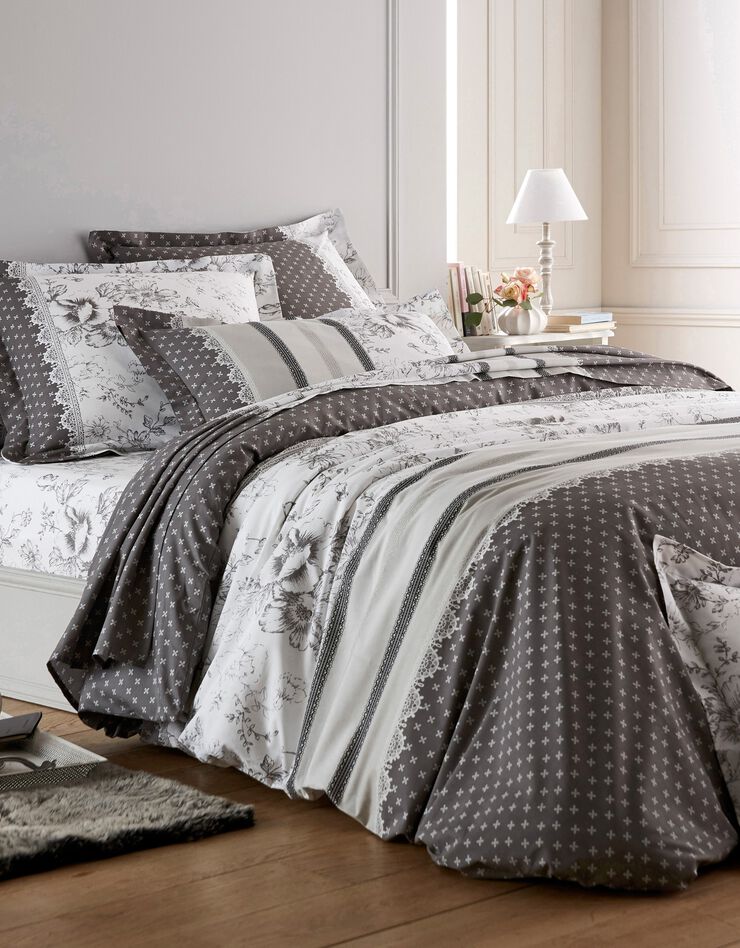Linge de lit Gabrielle en coton imprimé pois, fleurs et dentelle (gris)