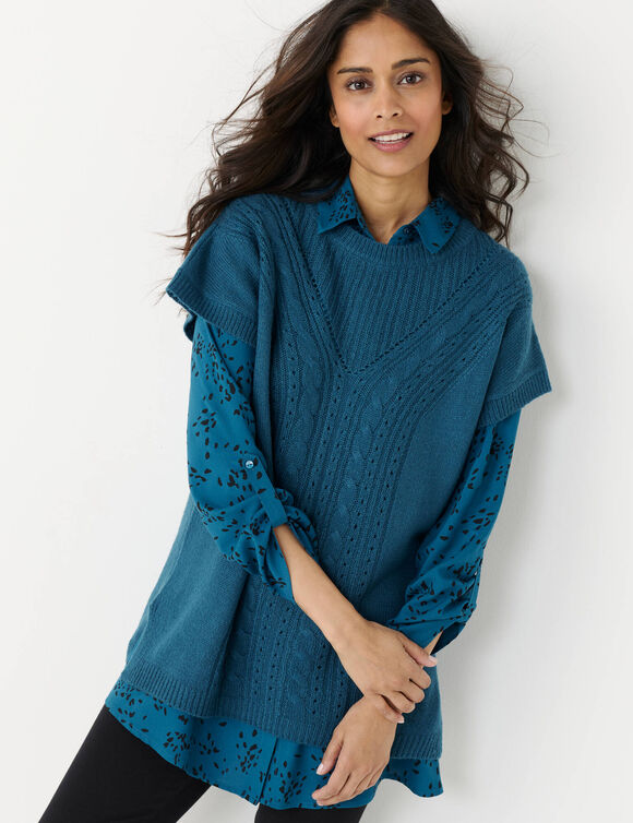 Pull-tunique sans manches, maille fantaisie (bleu canard)