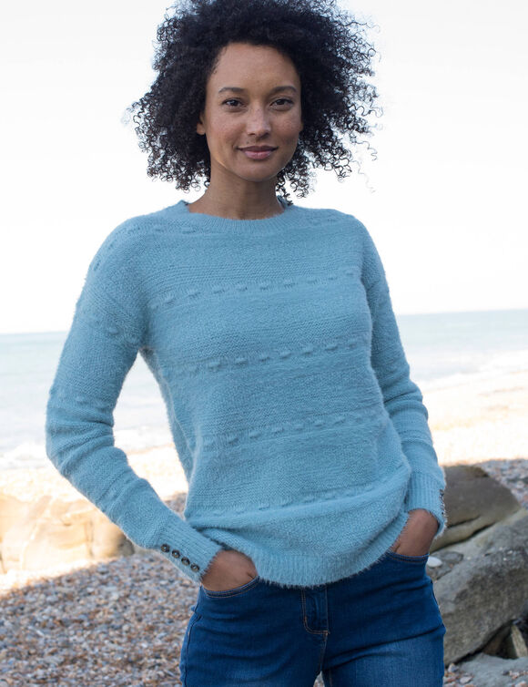 Pull col rond, maille poilue fantaisie (gris bleut&eacute;)