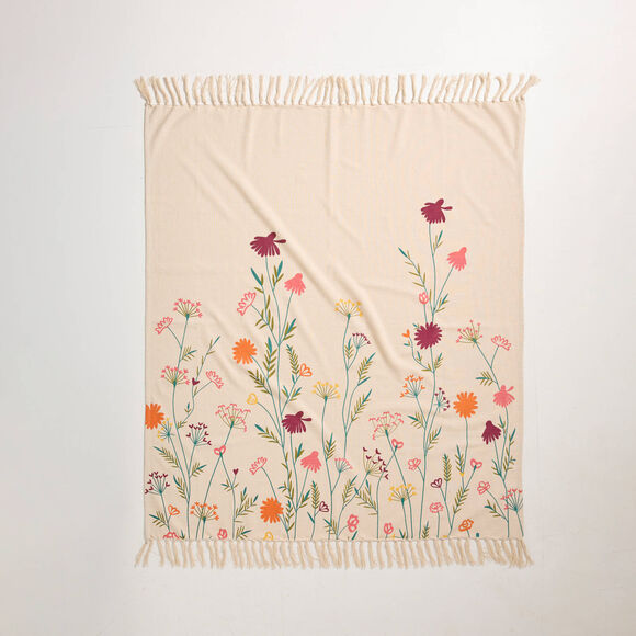 Jet&eacute; imprim&eacute; fleurs champ&ecirc;tres - coton textur&eacute; (vert / orange)