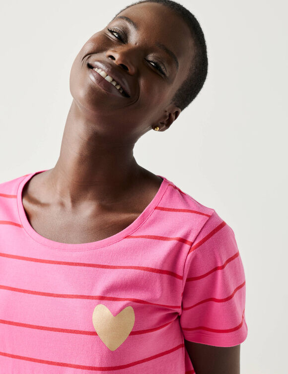 T-shirt col rond ray&eacute;, imprim&eacute; coeur dor&eacute; (rose)