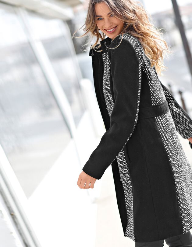 Manteau tweed bicolore fermeture zippée, noir / écru, hi-res