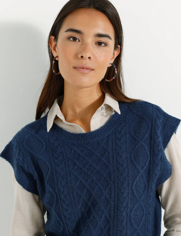 Pull torsadé sans manches, épaules tombantes (marine)
