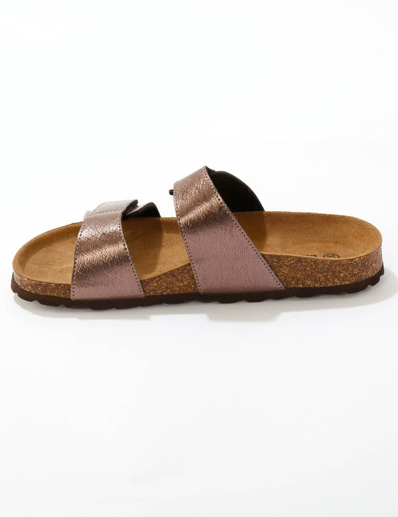 Muiltjes in brons, platte hak en dubbel riempje (bronskleur)
