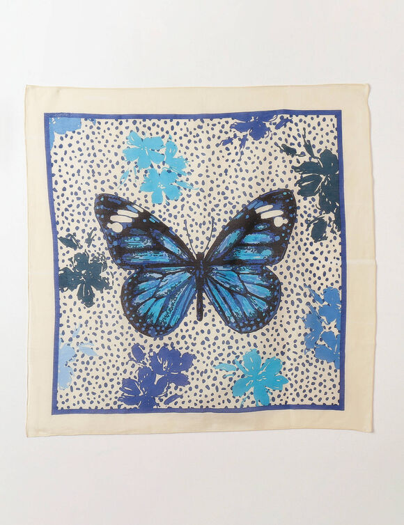 Foulard imprimé papillon voile de coton (écru / bleu)