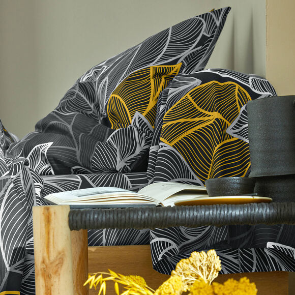 Linge de lit Elsa en polycoton à motifs feuilles (gris)