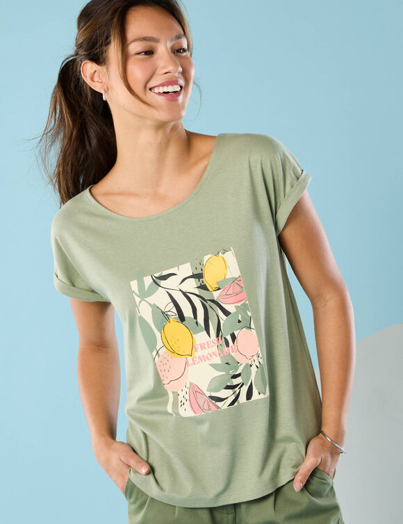 T-shirt manches courtes imprimé placé, Spécial Petites (vert tilleul)