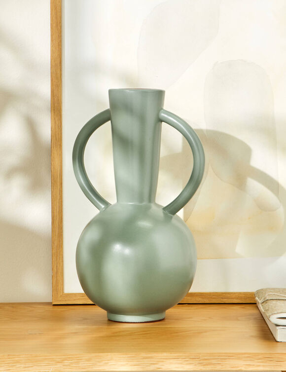 Vase rond c&eacute;ramique, double anses - hauteur 29,5 cm (vert)
