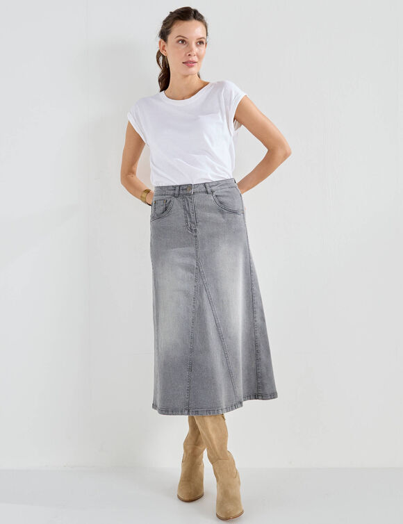 Jupe longue &eacute;vas&eacute;e en jean (gris)