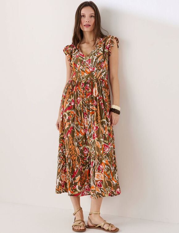 Robe longue imprim&eacute;e sans manches (kaki / paprika)
