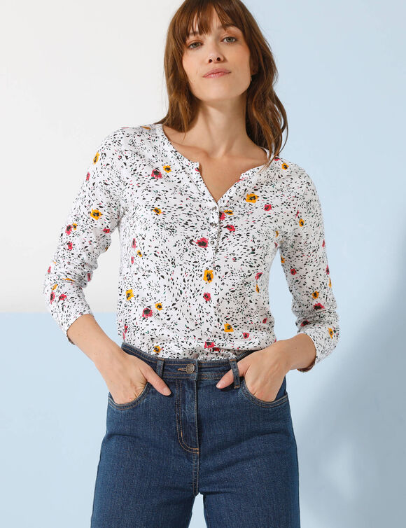 T-shirt col tunisien manches longues, imprimé (blanc)