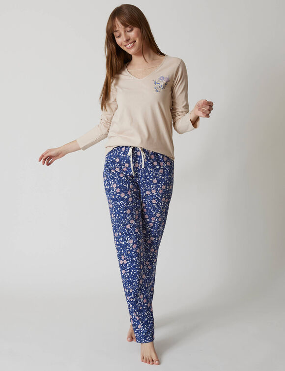 Pyjamabroek in katoen met bloemenprint (marine / mauve)