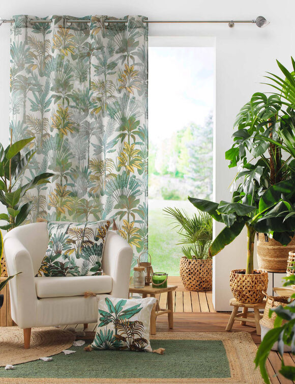 Voilage imprim&eacute; feuillage jungle, finition &oelig;illets (naturel / vert)