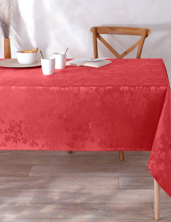 Damast tafellaken met bladerenprint Colombine® (rood)