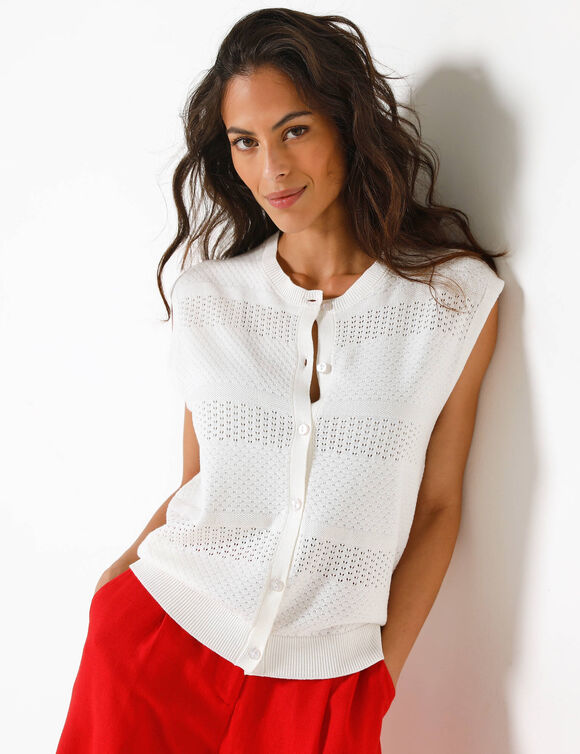 Gilet boutonn&eacute; sans manches, maille ajour&eacute;e (gebroken wit)