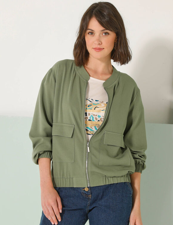 Veste zippée unie, grandes poches (kaki)