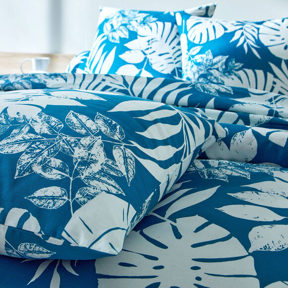 Linge de lit Paddy imprimé feuillage, coton (bleu paon)