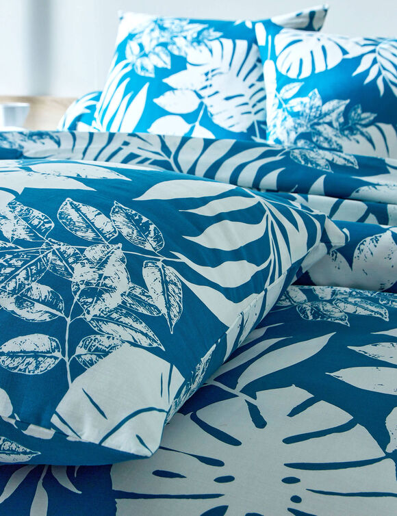 Linge de lit Paddy imprimé feuillage, coton (bleu paon)