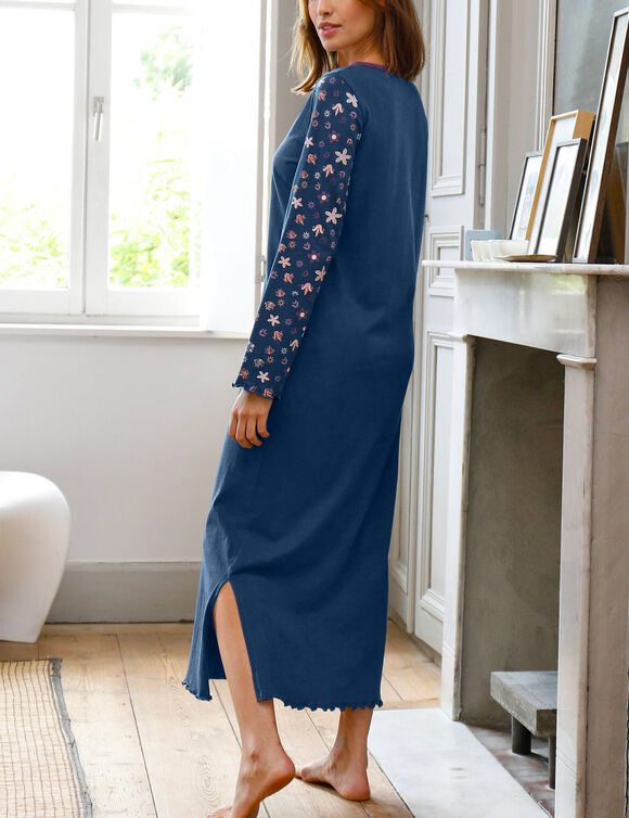 Chemise de nuit imprim&eacute;e fleurs - manches longues (marine)