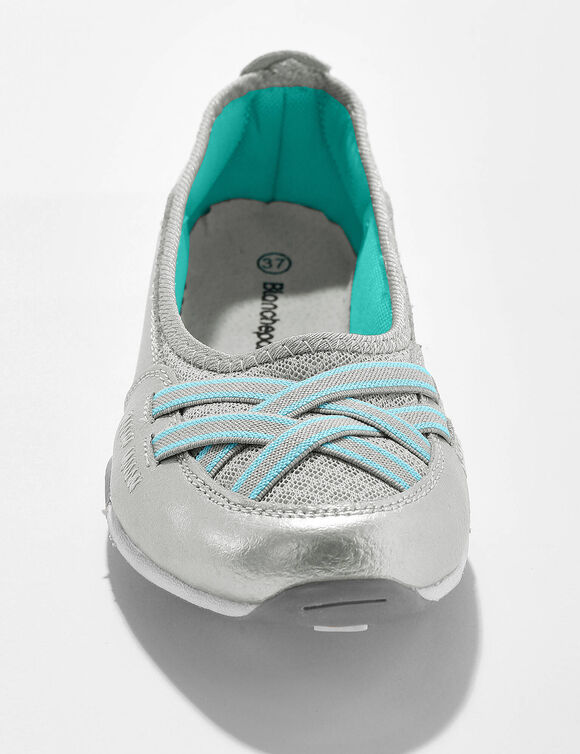 Ballerines souples cuir et textile a&eacute;r&eacute; bandes &eacute;lastiqu&eacute;es (argent&eacute;)