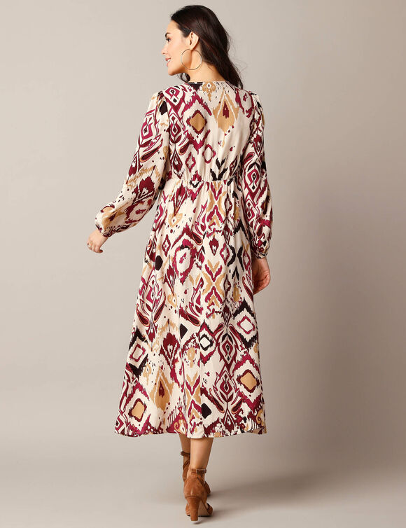 Robe longue col V, imprimé ikat (beige)