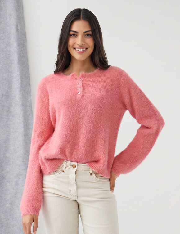 Pull col boutonn&eacute;, maille douceur (rose)