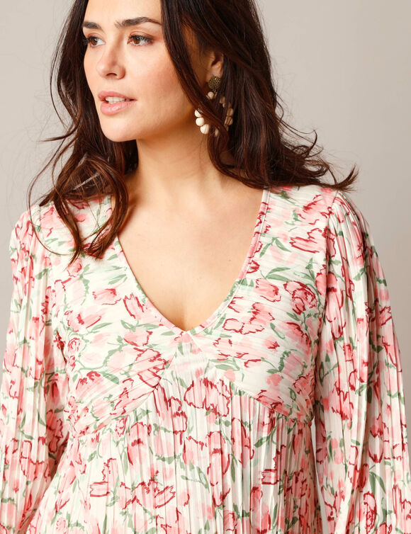 Robe courte imprimée, maille plissée (écru / rose)