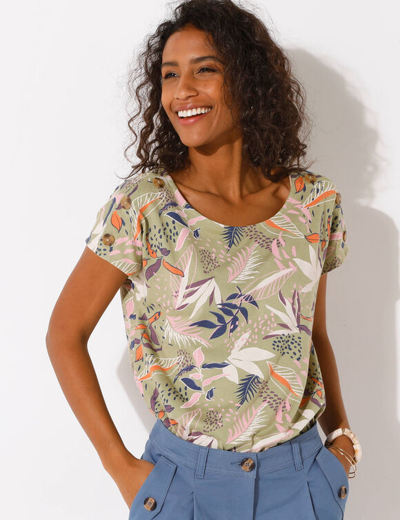 T-shirt col rond imprimé tropical (kaki / rose)