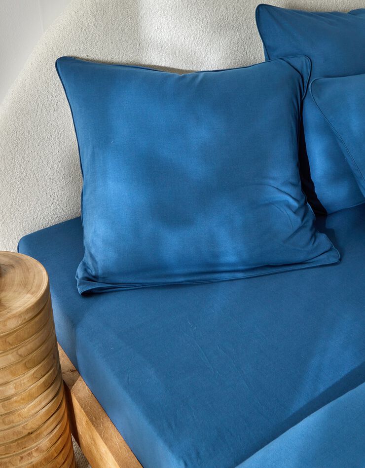 Linge de lit uni en jersey passepoilé coton (bleu)