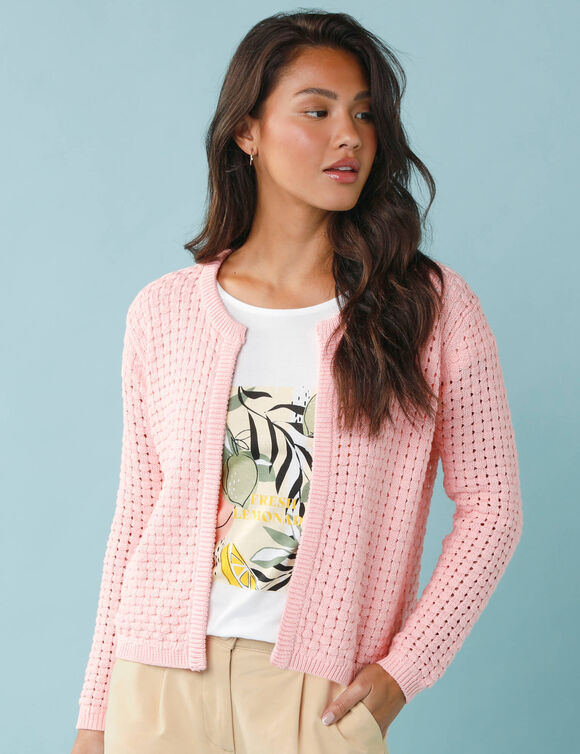 Gilet paletot maille fantaisie,  Sp&eacute;cial Petites (rose p&acirc;le)