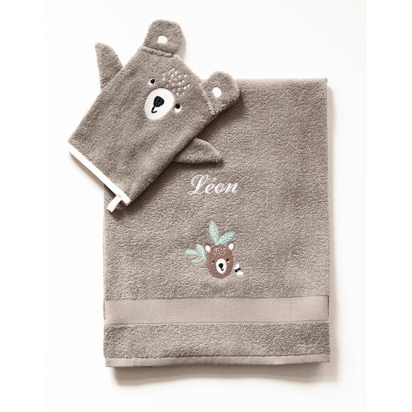 Collectie in badstof voor kids met beertjesbordursel, gepersonaliseerd (taupe)