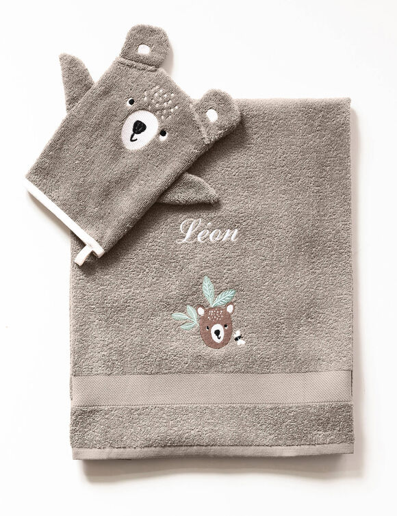 Collectie in badstof voor kids met beertjesbordursel, gepersonaliseerd (taupe)