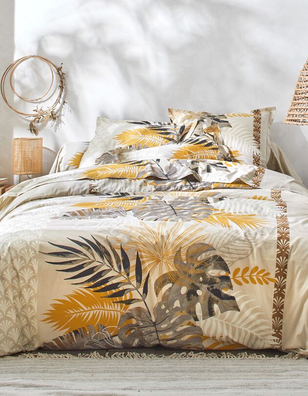 Linge de lit Cayenne en coton imprimé feuilles de palmiers, beige, hi-res