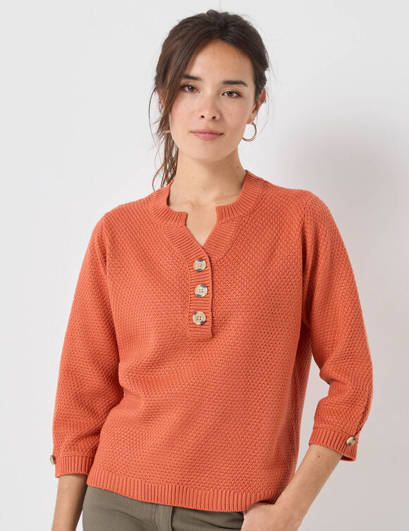 Trui met Tunesische hals en 3/4-mouwen, fantasietricot (donkeroranje)