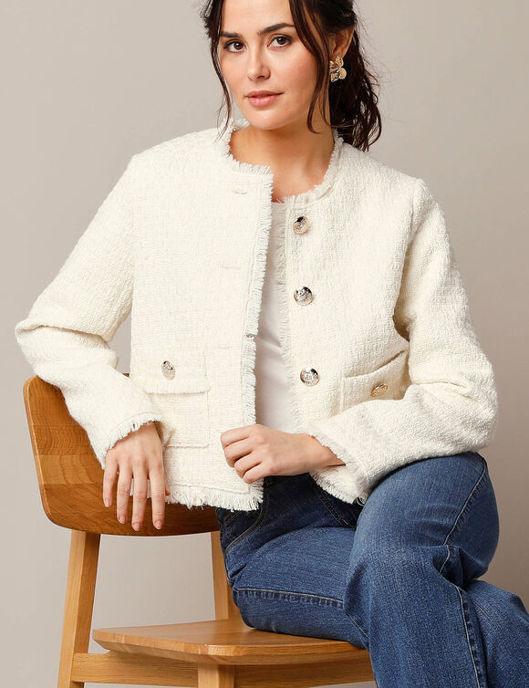 Veste courte effet tweed, laine mélangée (écru)