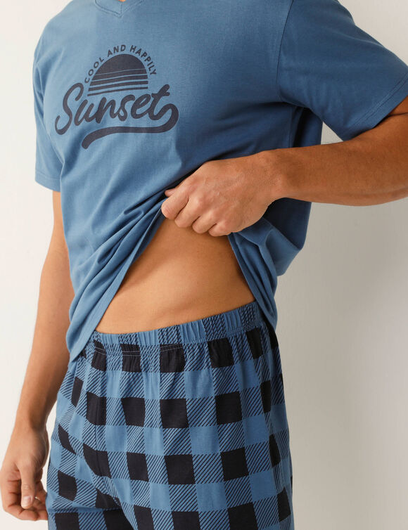 Pyjama short coton carreaux manches courtes (bleu gris&eacute;)