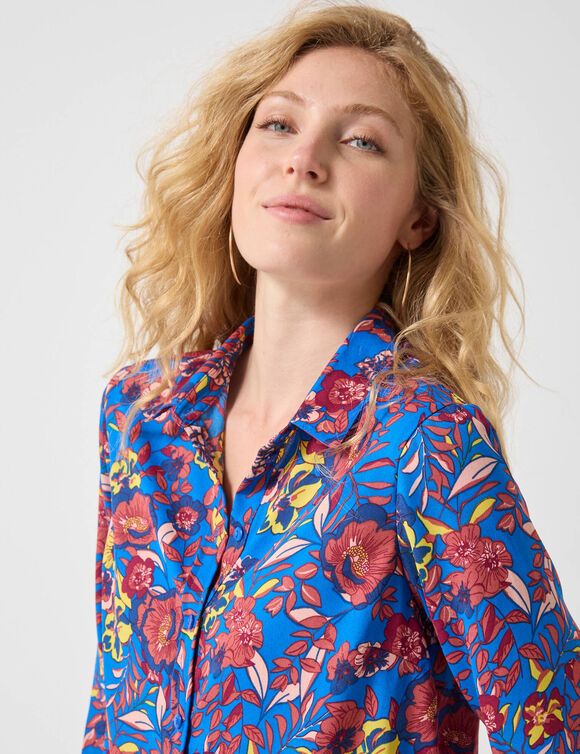 Chemisier boutonné imprimé fleurs (bleu / rose)