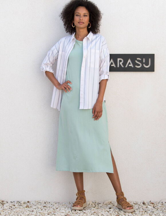 Chemise rayée base liquette, tissé teint (écru / vert)