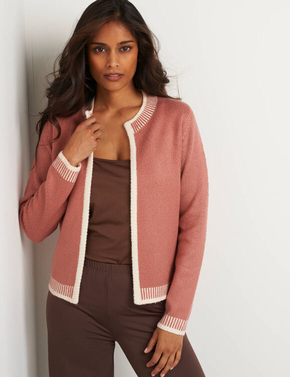 Tweekleurige cardigan, ronde hals (rozenhout / ecru)