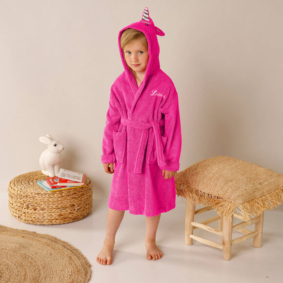 Peignoir de bain enfant personnalisable licorne &agrave; capuche (fuchsia)