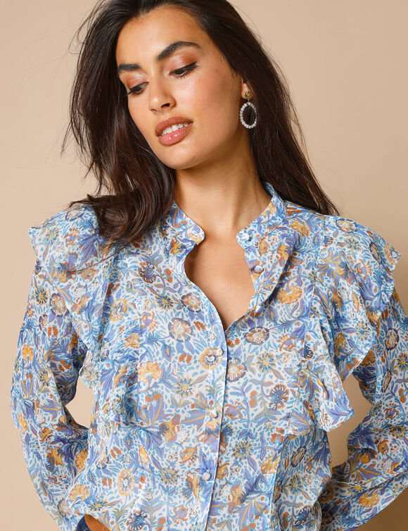 Bloes met stroken, bedrukte voile (ecru / blauw)