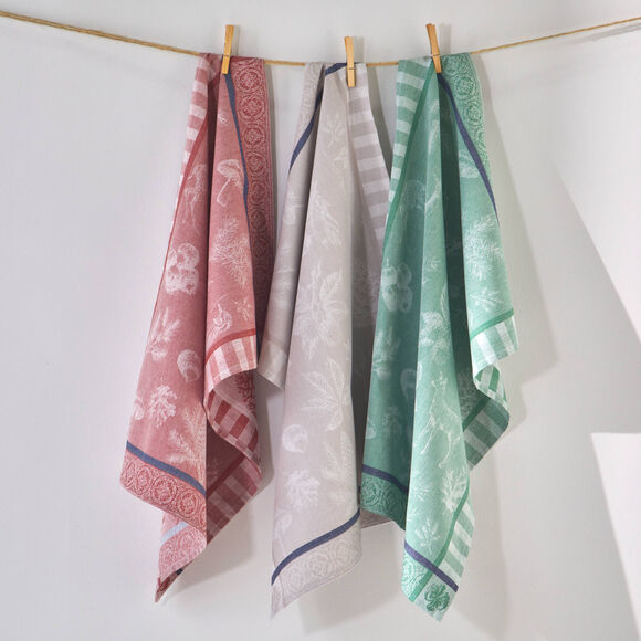 Droogdoek in jacquardkatoen met bosthema - set van 3 (rood + groen + taupe)