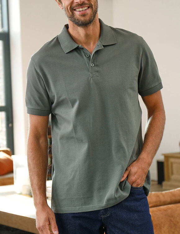 Polo uni maille piquée manches courtes (vert grisé)