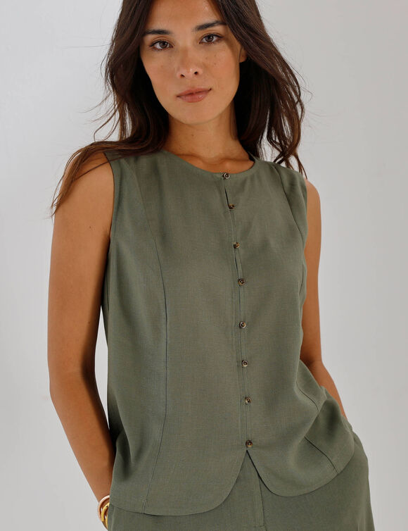 Chemisier sans manches en lin m&eacute;lang&eacute; (kaki)