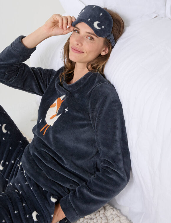 Pyjama in fleece met 'hertenkalf' print, lange mouwen + bijpassend masker (leiblauw)