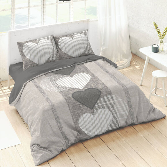 Linge de lit coeurs coton (écru / gris)